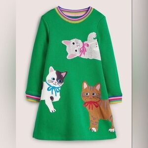 Mini Boden Green Dress with Cat Appliqué